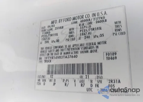 2003 Ford Ranger Edge/Tremor/Xl/Xlt z USA, uszkodzony, nr VIN 1FTYR14V03TA37640